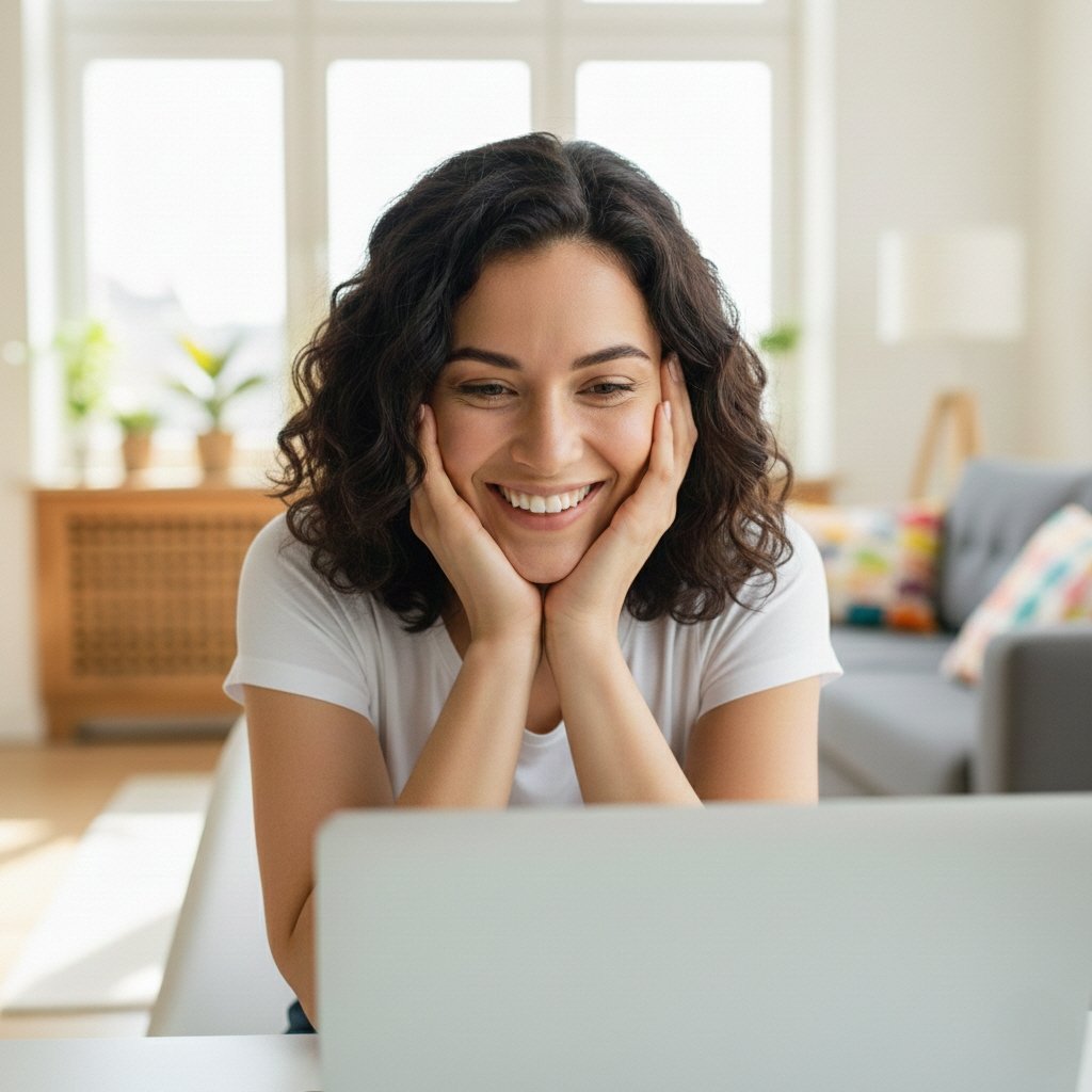 A happy young woman smiling at a computer screen after solving a problem in a bright, modern living room.